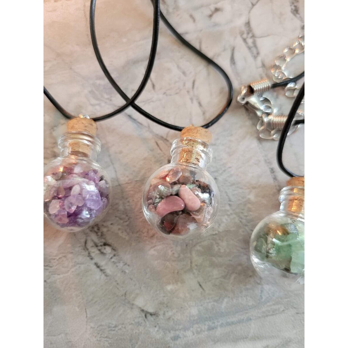 Glass Wishing Bottle Leather Cord Pendant Necklaces, with Natural Gemstone Chip Beads -
