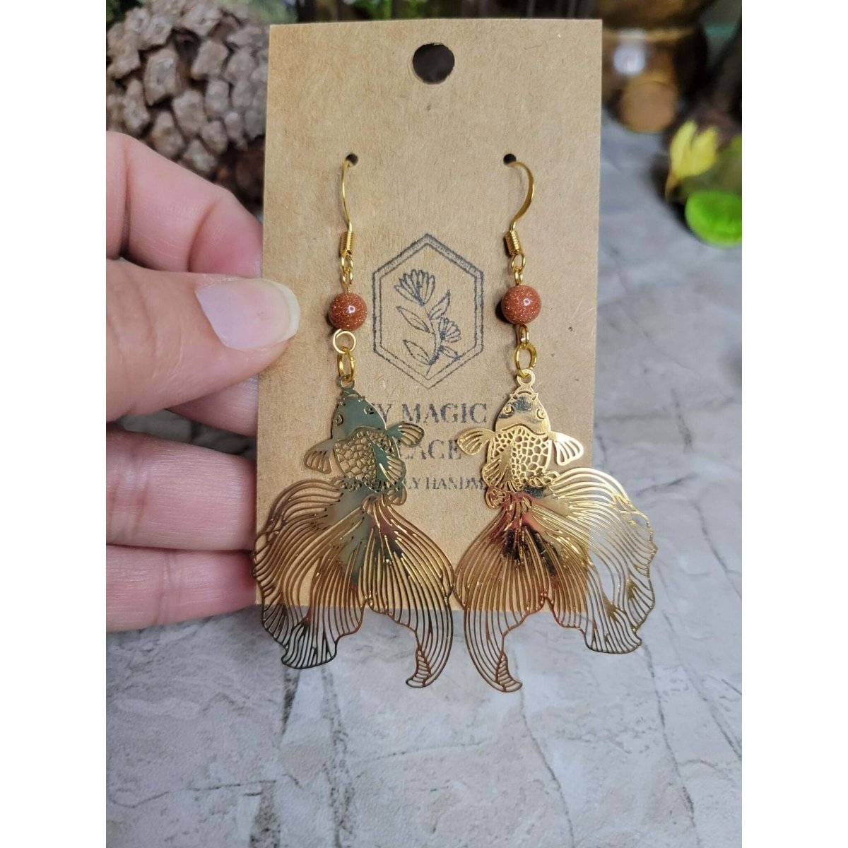 Goldstone and Gold fish color Earrings / Abundance Jewelry -Earrings