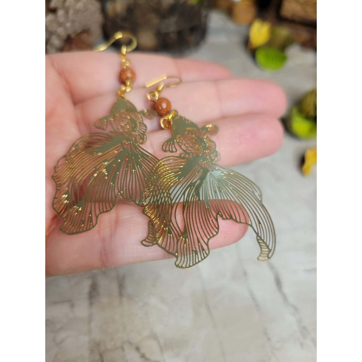 Goldstone and Gold fish color Earrings / Abundance Jewelry -Earrings