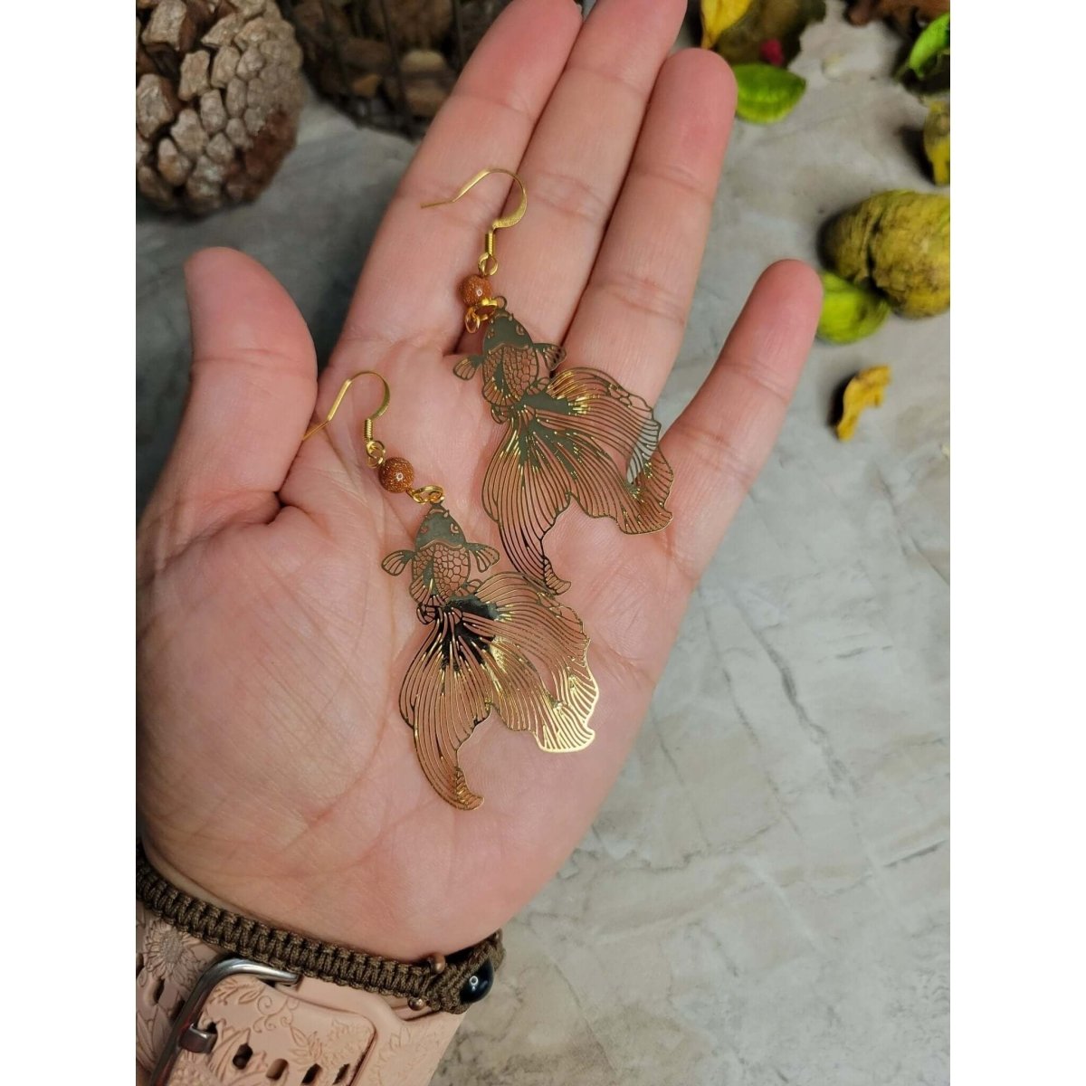 Goldstone and Gold fish color Earrings / Abundance Jewelry -Earrings