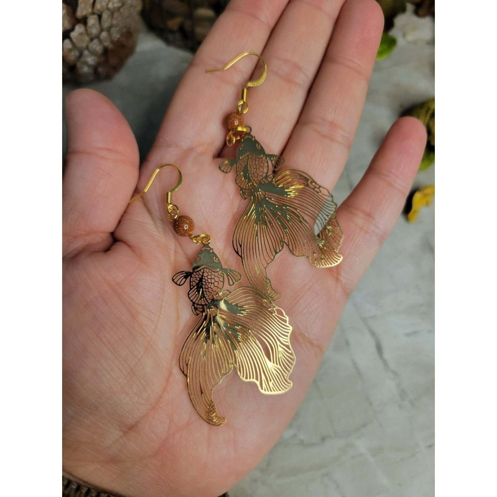 Goldstone and Gold fish color Earrings / Abundance Jewelry -Earrings