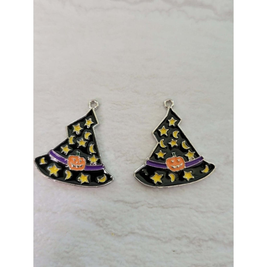 Halloween Theme Witch Hat Alloy Enamel Pendants, Magic Hat with Star and Moon & Pumpkin Pattern -Charms & Pendants