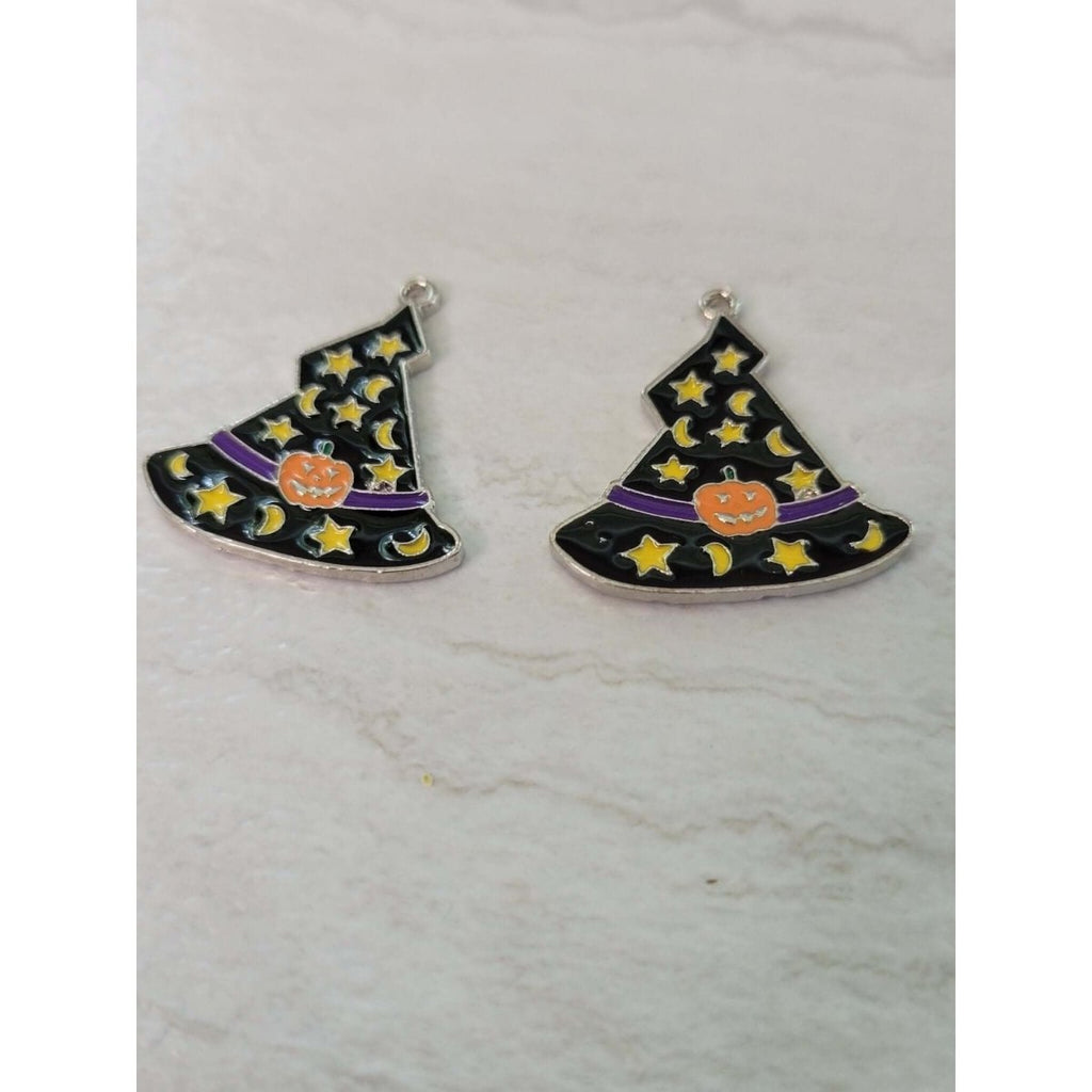 Halloween Theme Witch Hat Alloy Enamel Pendants, Magic Hat with Star and Moon & Pumpkin Pattern -Charms & Pendants