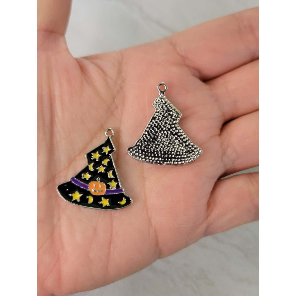 Halloween Theme Witch Hat Alloy Enamel Pendants, Magic Hat with Star and Moon & Pumpkin Pattern -Charms & Pendants