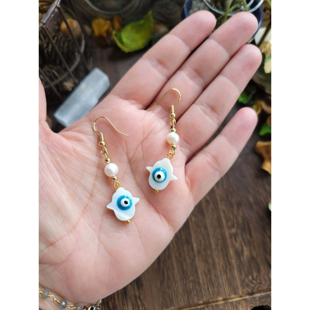 Hamsa Hand with Evil Eye Dangle Earrings, with Natural Freshwater Shell Beads, Pearl Beads -