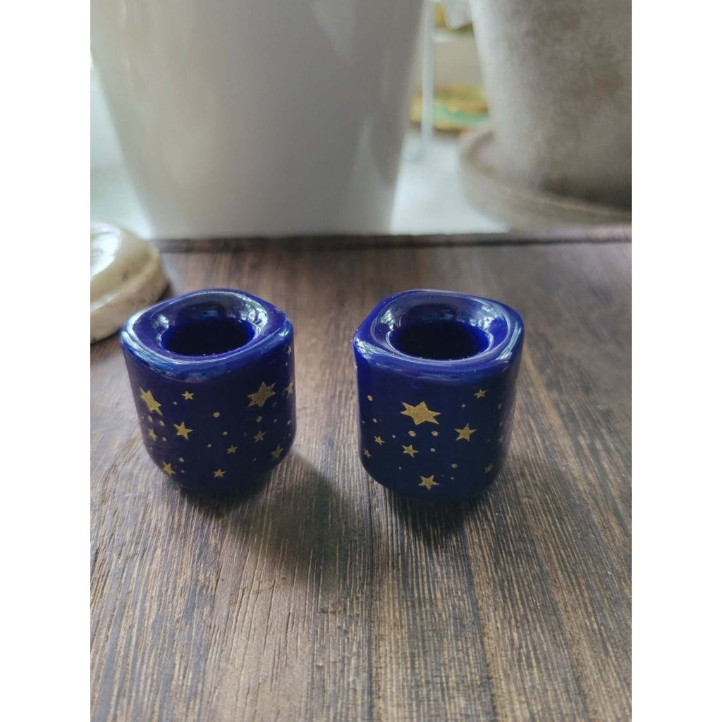 Handmade ceramic Blue Gold Star Chime Holders, Galaxy candle holders -Candle Holders