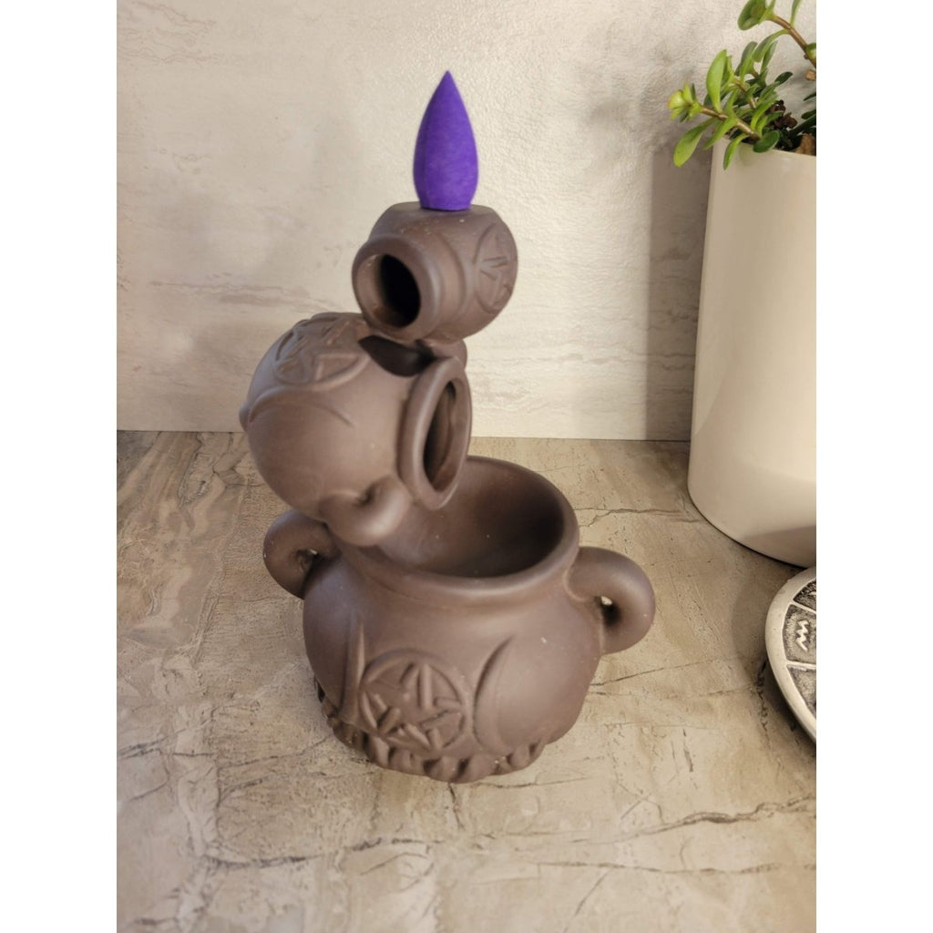 Handmade ceramic cauldron Triple Moon Back Flow Incense Burner for Meditation, altar decoration -