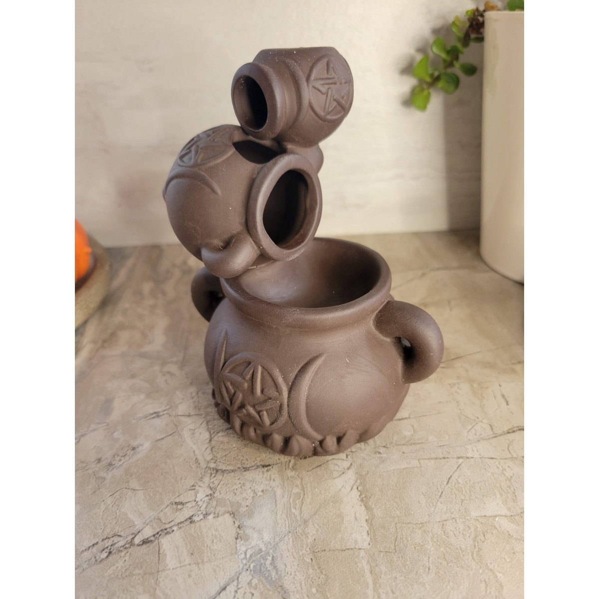 Handmade ceramic cauldron Triple Moon Back Flow Incense Burner for Meditation, altar decoration -