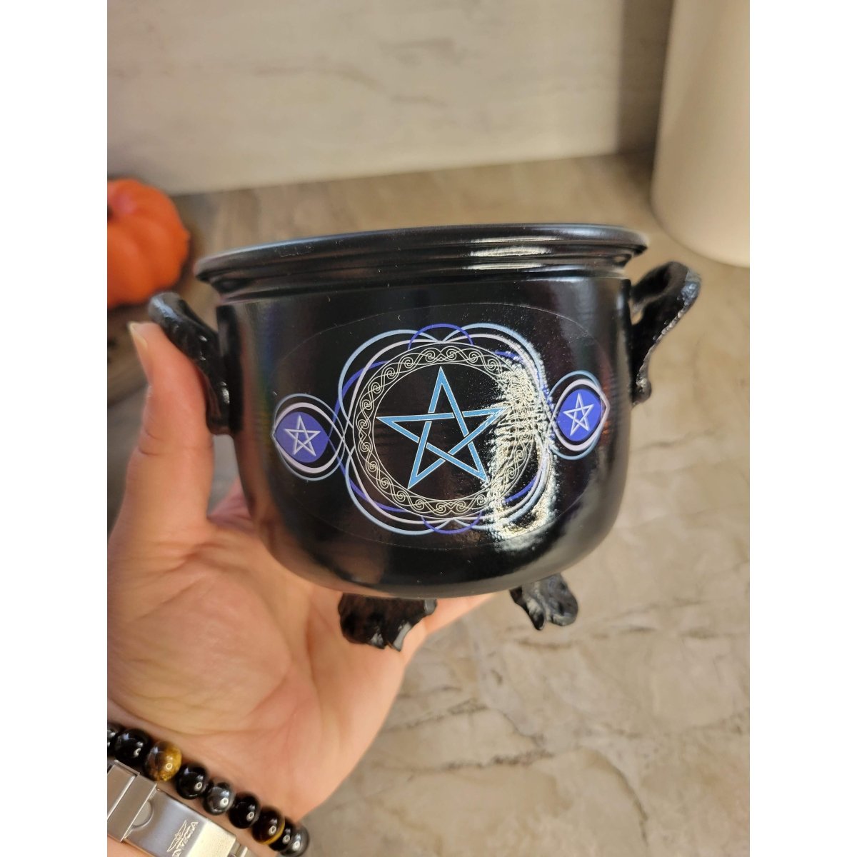 Handmade decoration Cauldron for Witch, Altar decor , Triple Moon design , Pentacle -Incense Holders