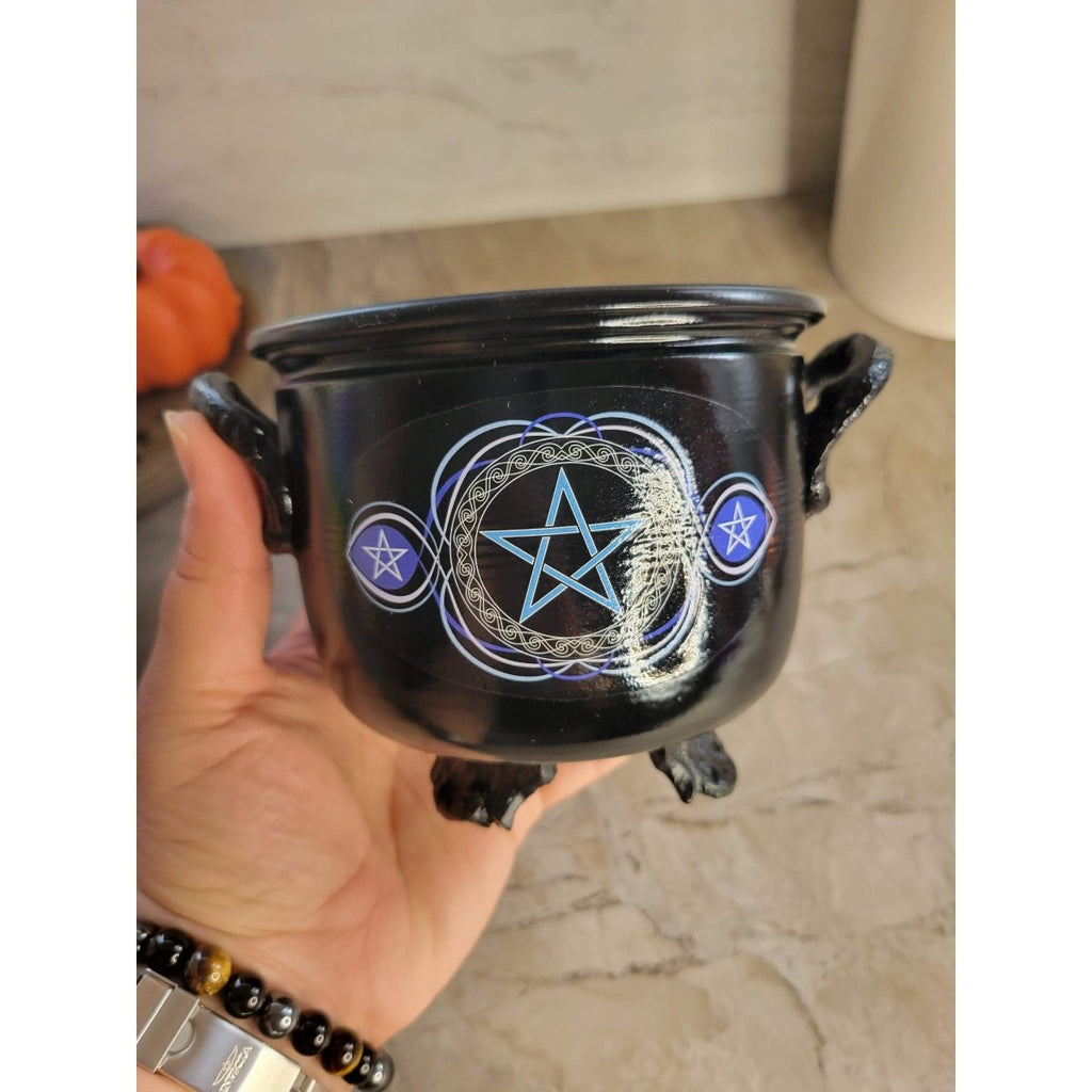 Handmade decoration Cauldron for Witch, Altar decor , Triple Moon design , Pentacle -Incense Holders