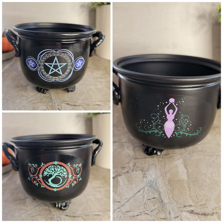 Handmade decoration Cauldron for Witch, Altar decor , Triple Moon design , Pentacle -Incense Holders