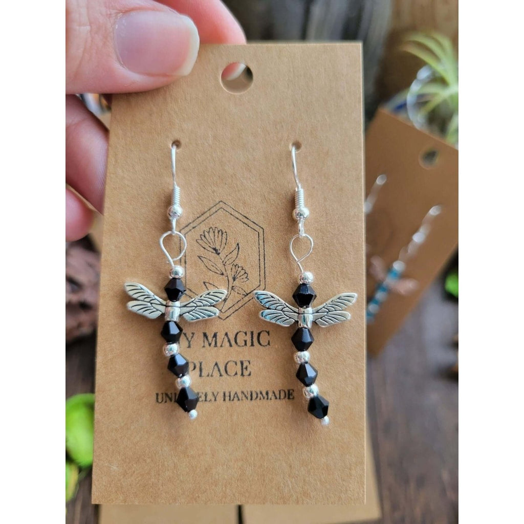 Handmade Glass Beaded Earrings, Alloy Dragonfly Earrings, with Brass Earrings Hooks, Silver and Antique Silver -