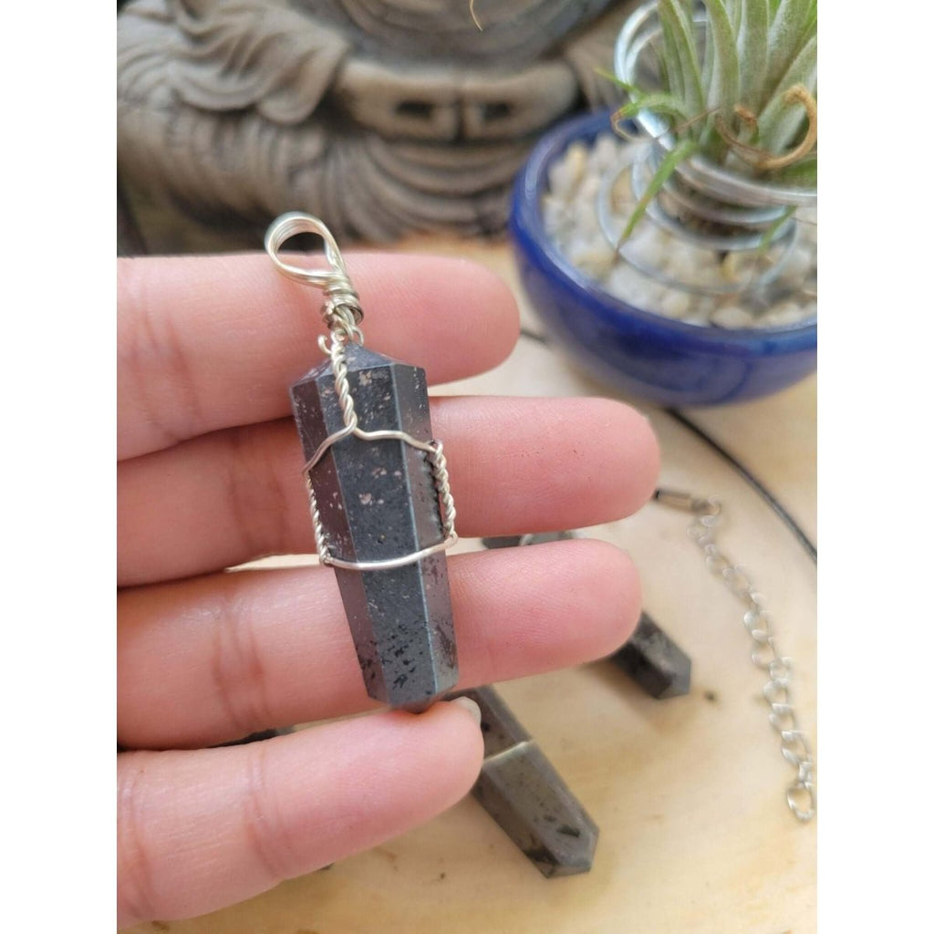 Hematite wire Wrapped Pendant with Cord -