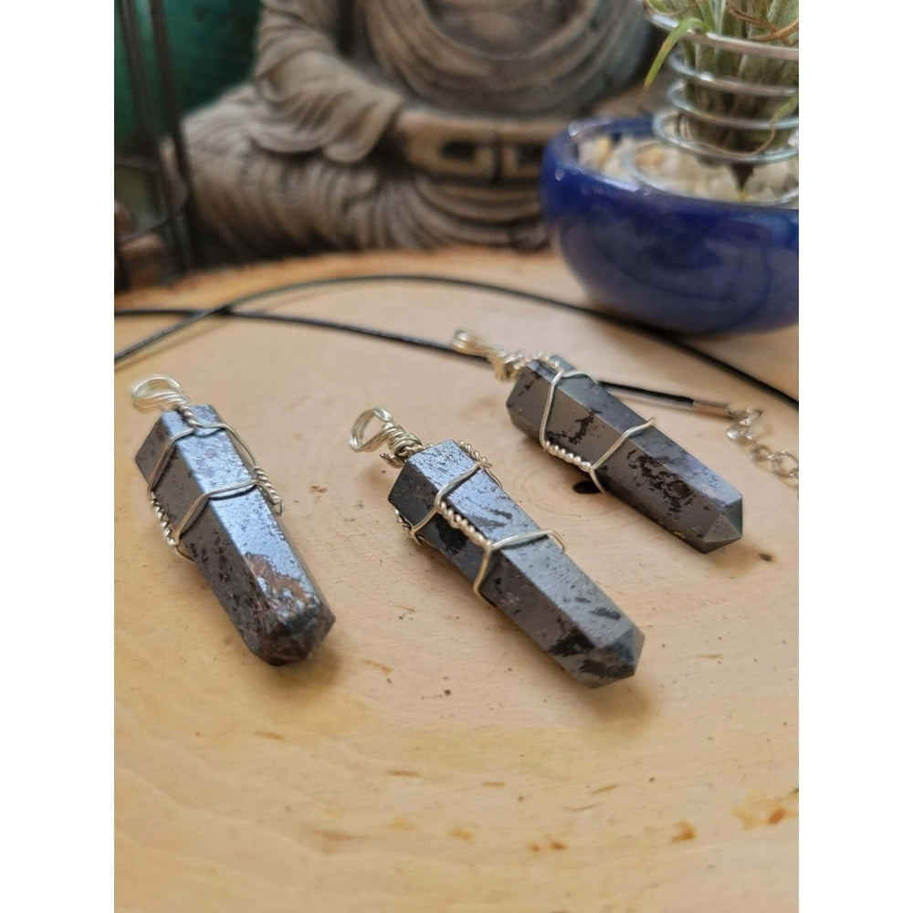 Hematite wire Wrapped Pendant with Cord -