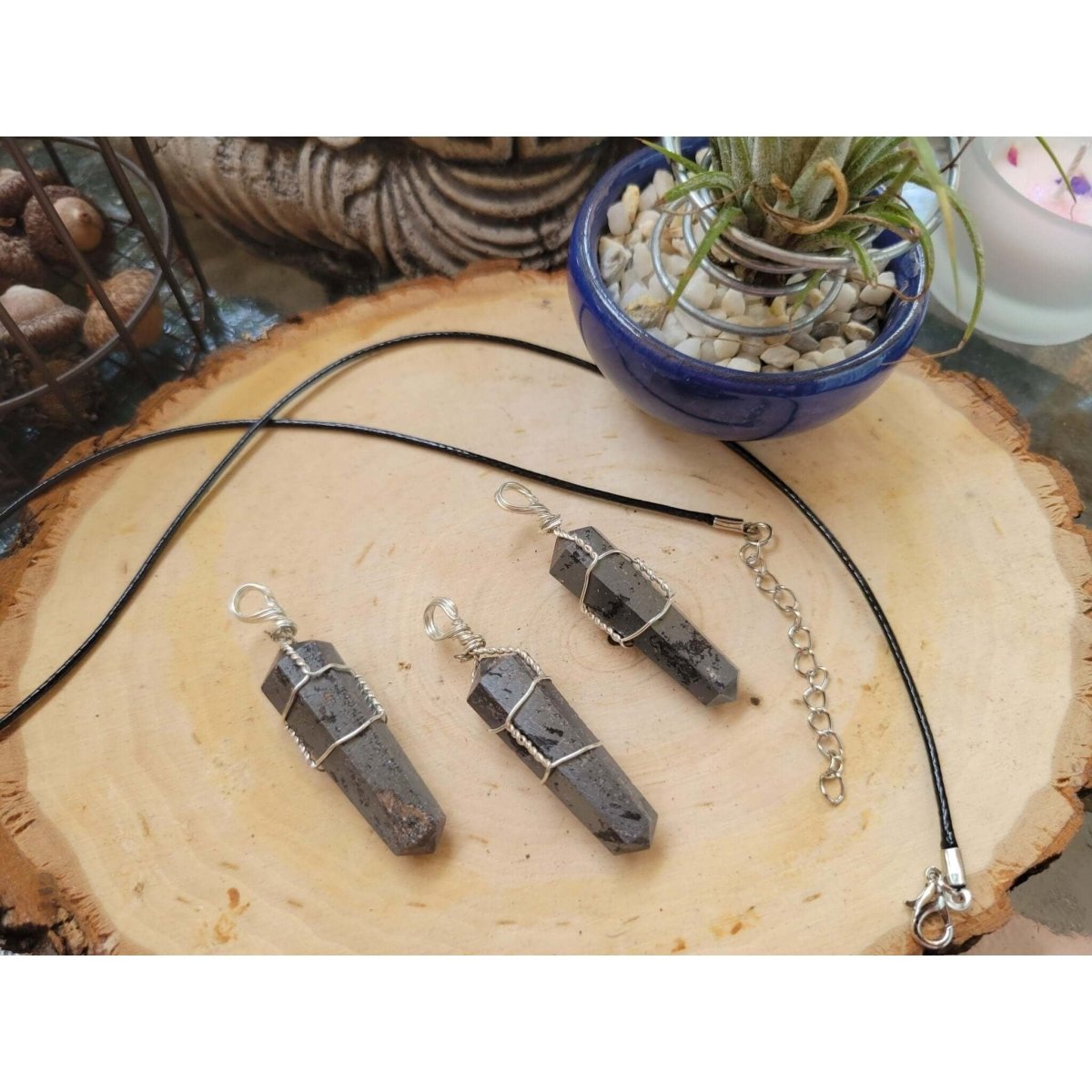 Hematite wire Wrapped Pendant with Cord -
