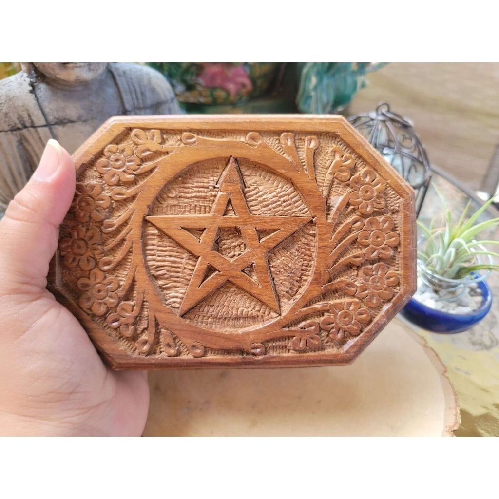 Hexagon Pentacle Carved 4x6 Box/ Altar Décor / Wooden Box -