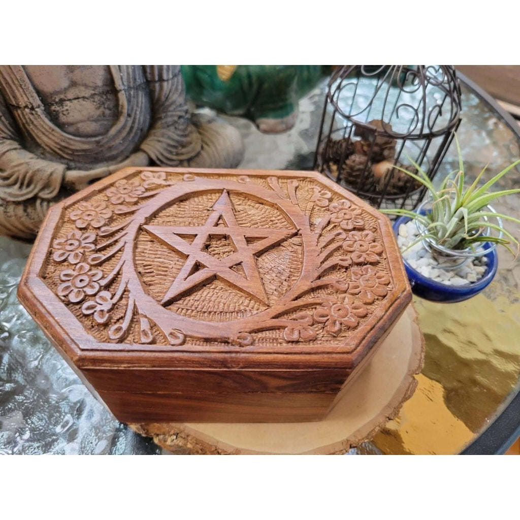 Hexagon Pentacle Carved 4x6 Box/ Altar Décor / Wooden Box -