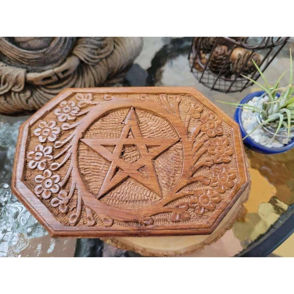 Hexagon Pentacle Carved 4x6 Box/ Altar Décor / Wooden Box -