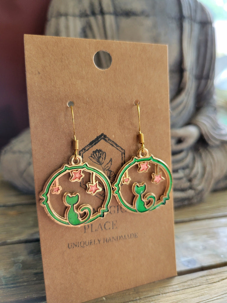 Moon and cat earrings with gold color charms, celestial charms earrings, witch earrings ,moon jewelry