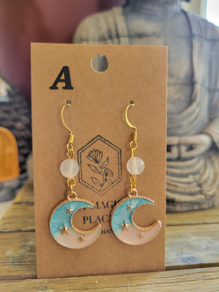 Selenite earrings with gold color charms, celestial charms earrings, witch earrings ,moon jewelry - My Magic Place Shop