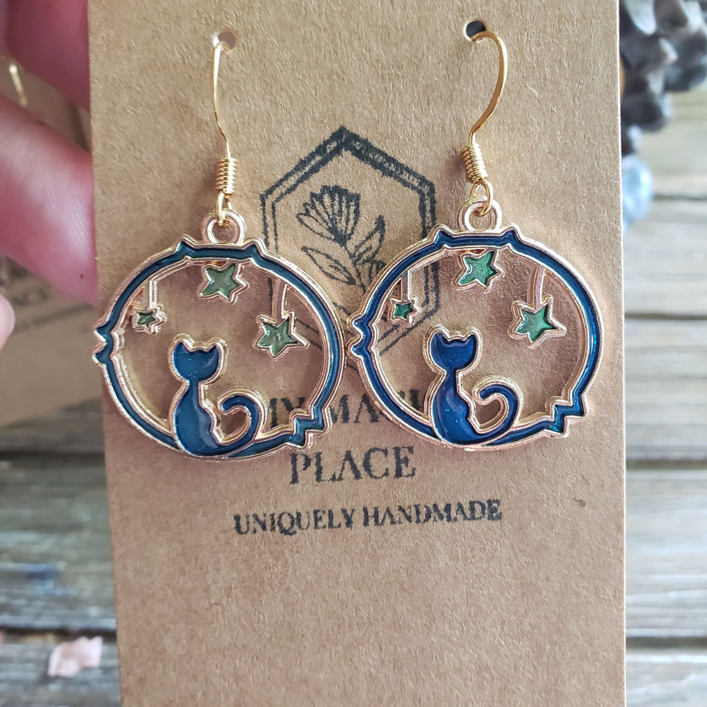 Moon and cat earrings with gold color charms, celestial charms earrings, witch earrings ,moon jewelry - My Magic Place Shop