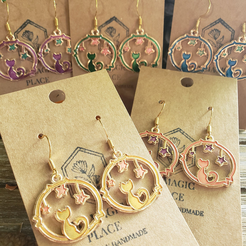 Moon and cat earrings with gold color charms, celestial charms earrings, witch earrings ,moon jewelry - My Magic Place Shop