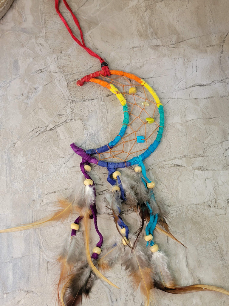 Crescent Moon Multi-Colored Dreamcatcher With Feathers & Beads