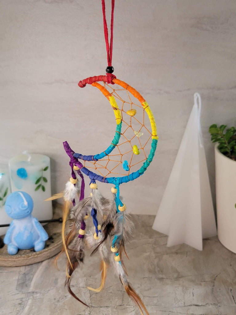 Crescent Moon Multi-Colored Dreamcatcher With Feathers & Beads