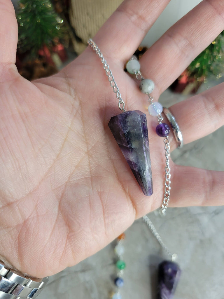 Handmade Amethyst 7 chakra chain Pendulum, Divination Tool, Crystal Pendulum