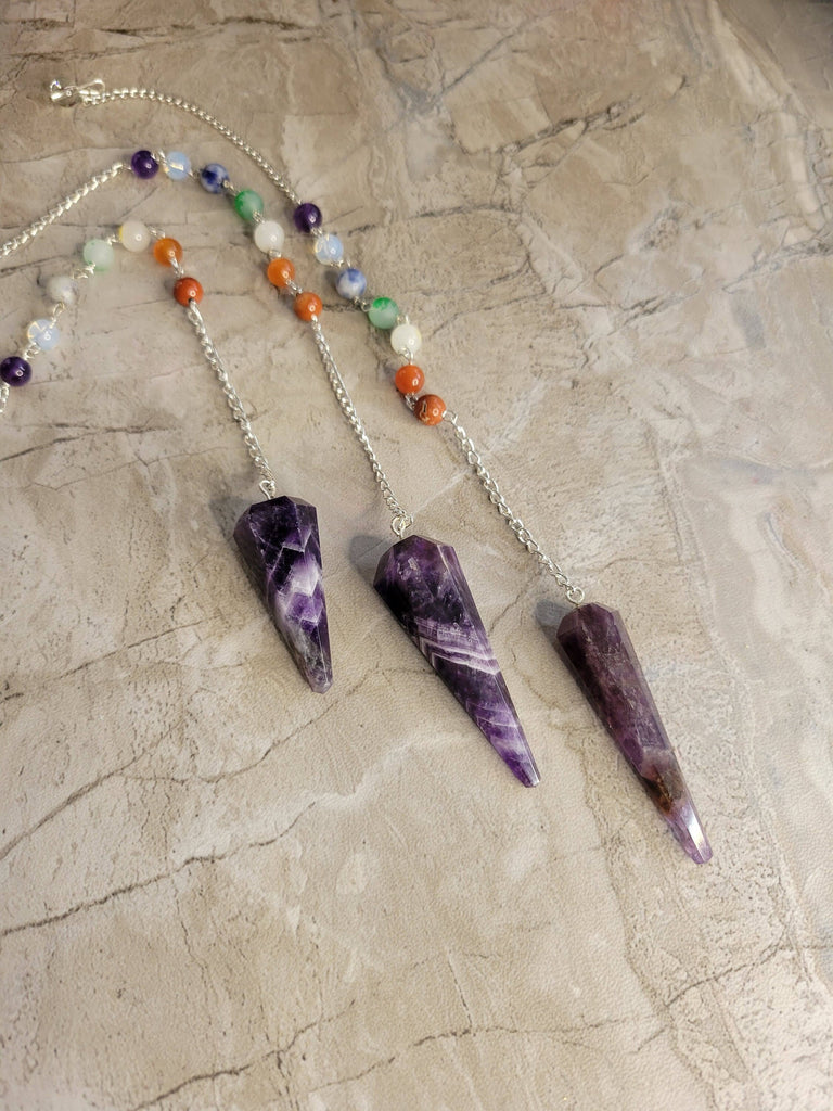 Handmade Amethyst 7 chakra chain Pendulum, Divination Tool, Crystal Pendulum