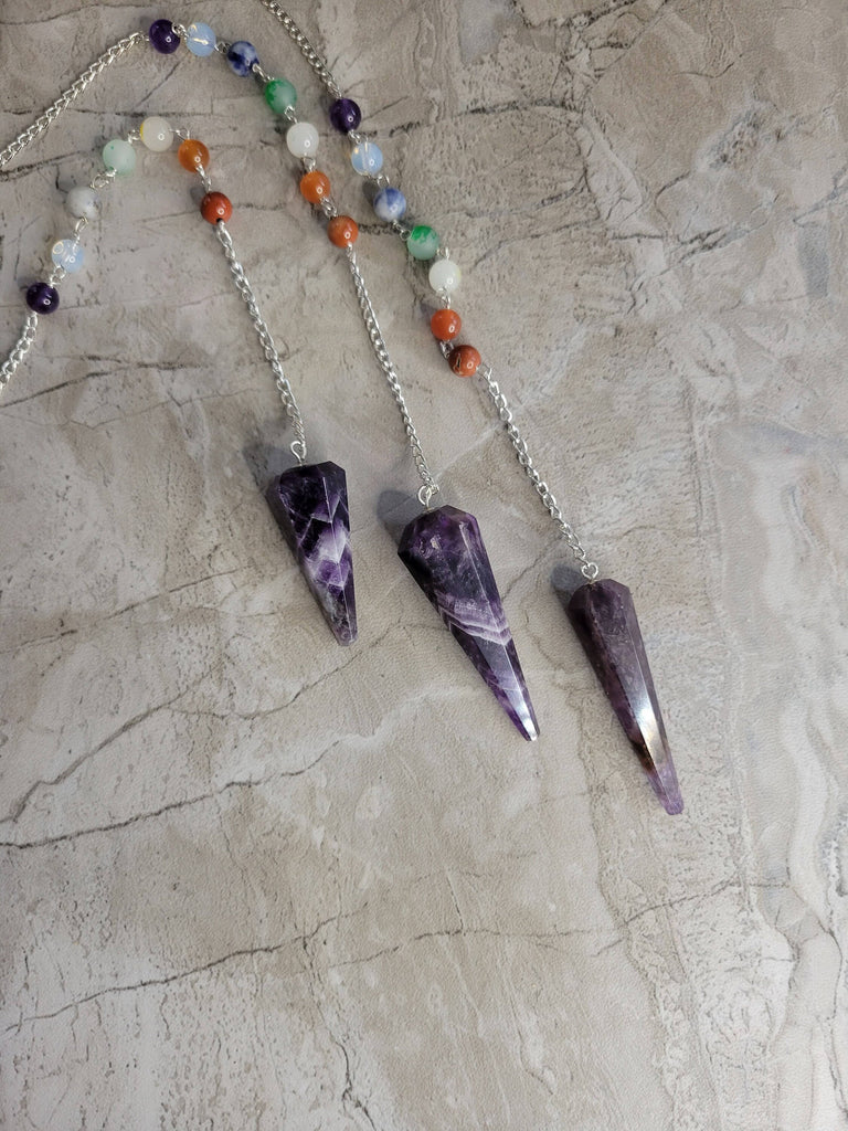 Handmade Amethyst 7 chakra chain Pendulum, Divination Tool, Crystal Pendulum