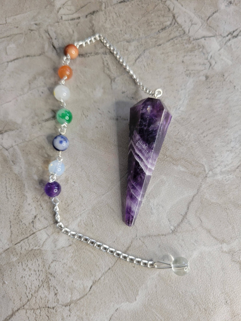 Handmade Amethyst 7 chakra chain Pendulum, Divination Tool, Crystal Pendulum