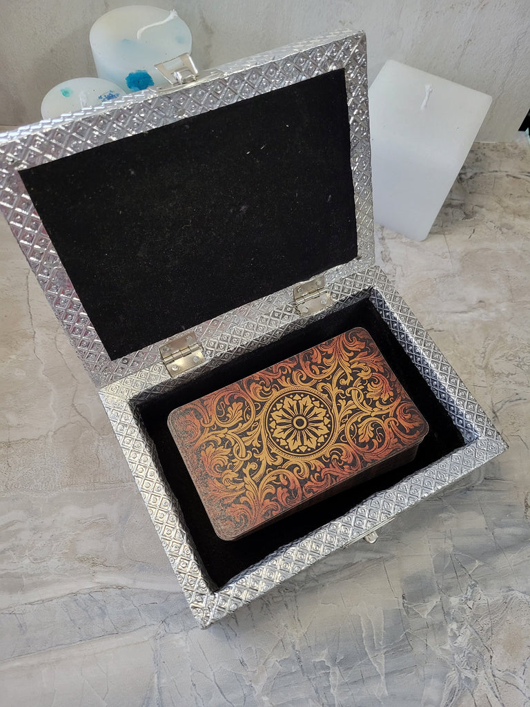 OM Carved Metal over Wood/ Tarot Box/ Altar Box