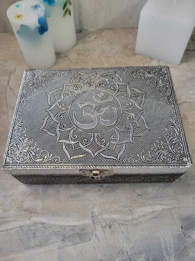 OM Carved Metal over Wood/ Tarot Box/ Altar Box