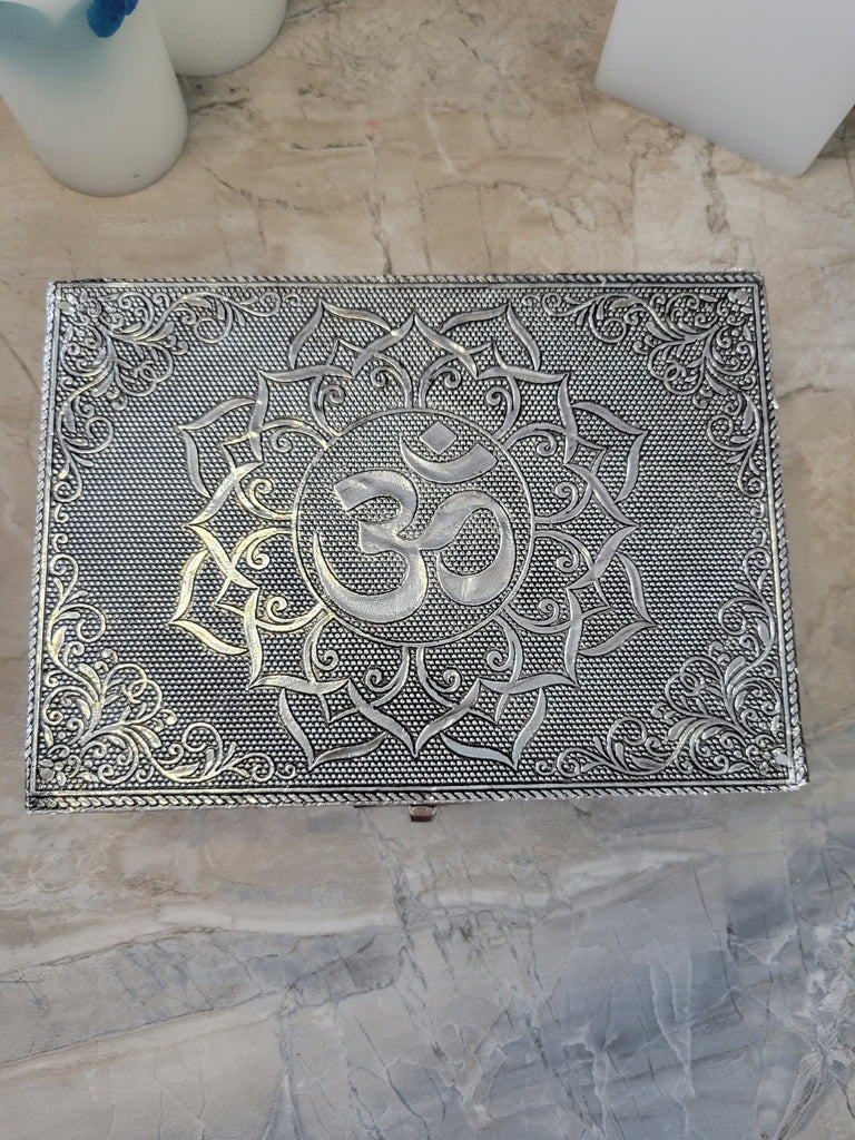 OM Carved Metal over Wood/ Tarot Box/ Altar Box