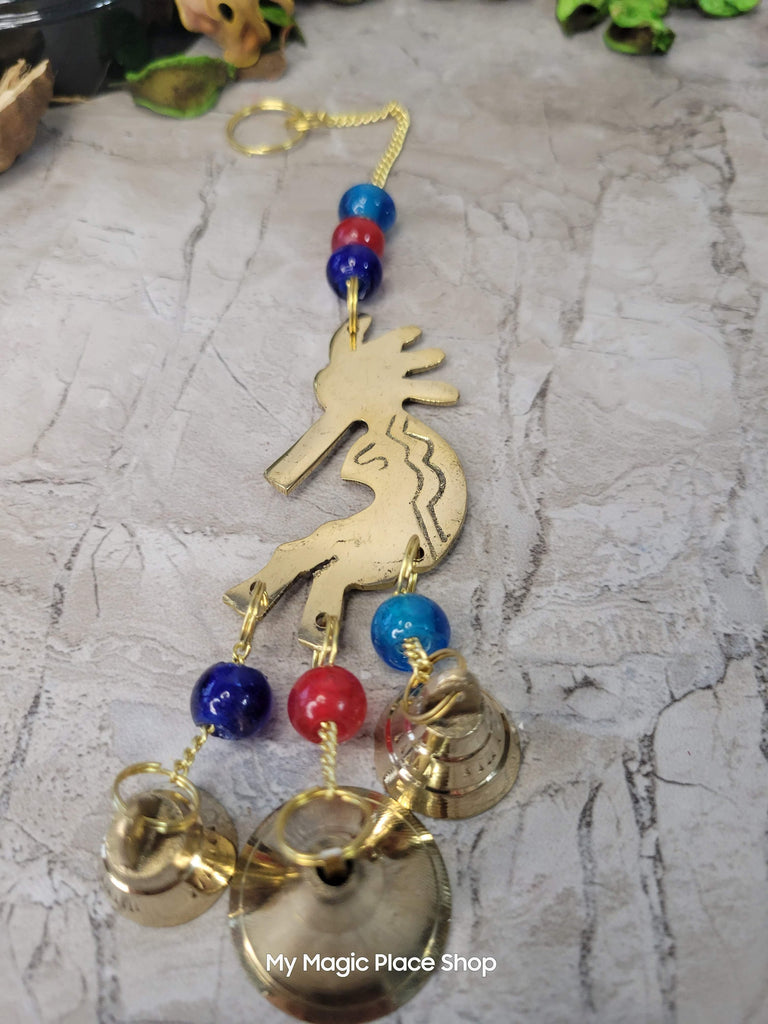 Handmade Kokopelli brass wind chime with bells and beads