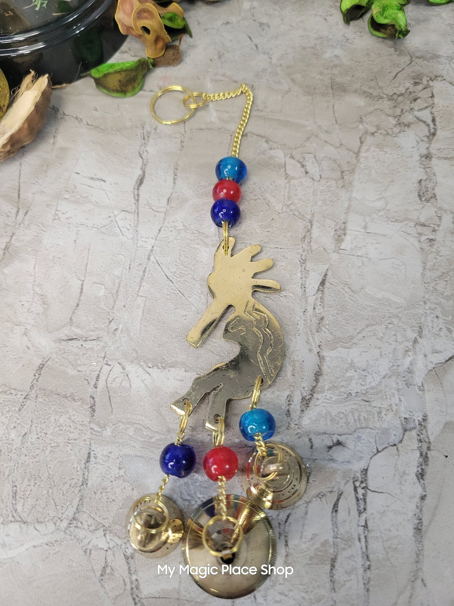Handmade Kokopelli brass wind chime with bells and beads