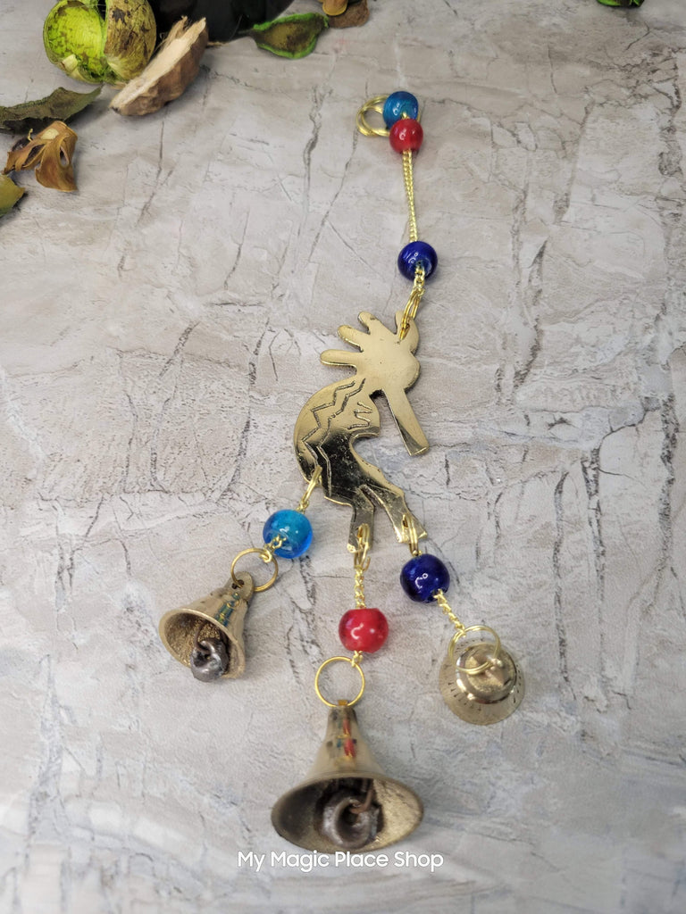 Handmade Kokopelli brass wind chime with bells and beads