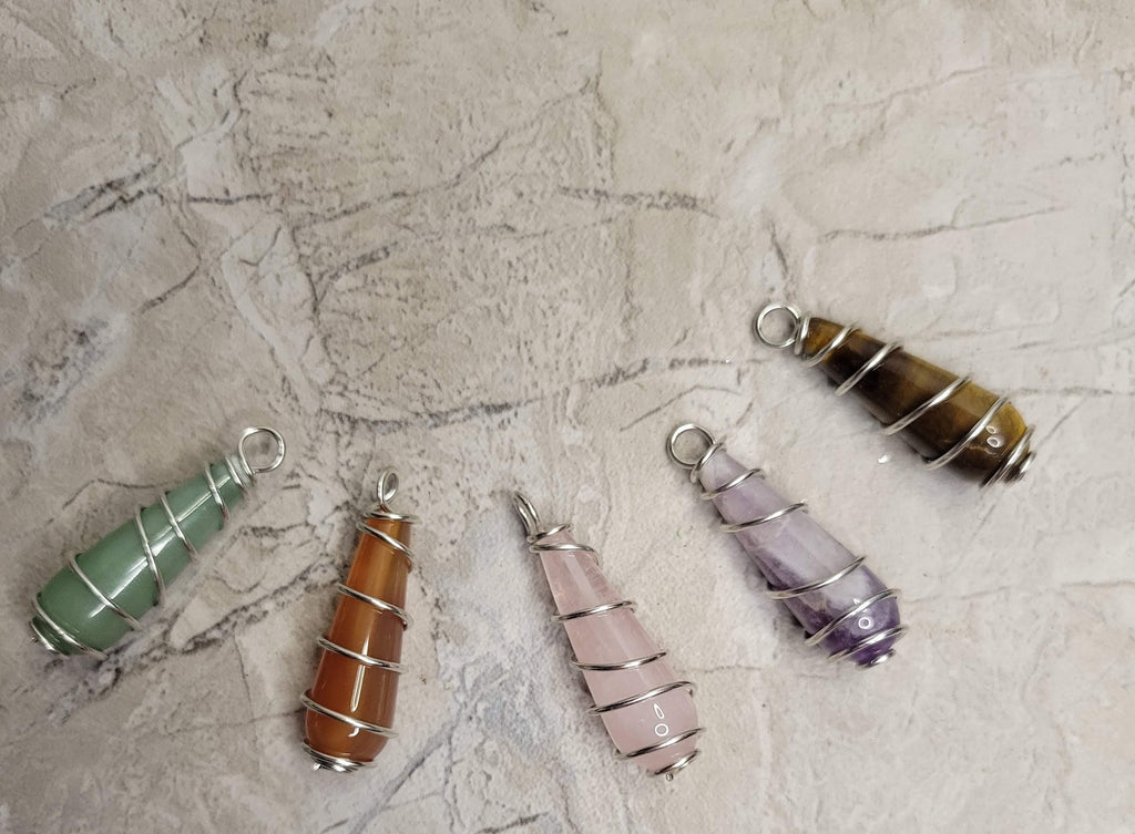 Teardrop Wire Wrapped Natural Gemstone Pendants with Cord