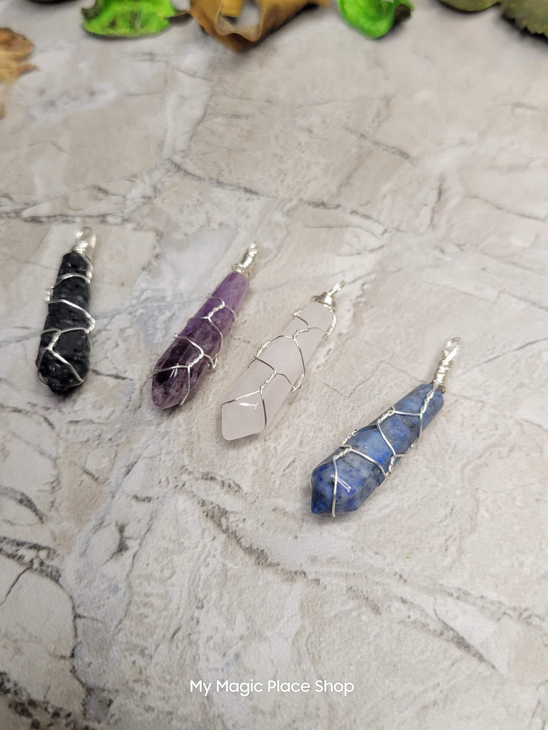 Natural Faceted Handmade  Wire Wrapped Natural Gemstone Pendants with Cord