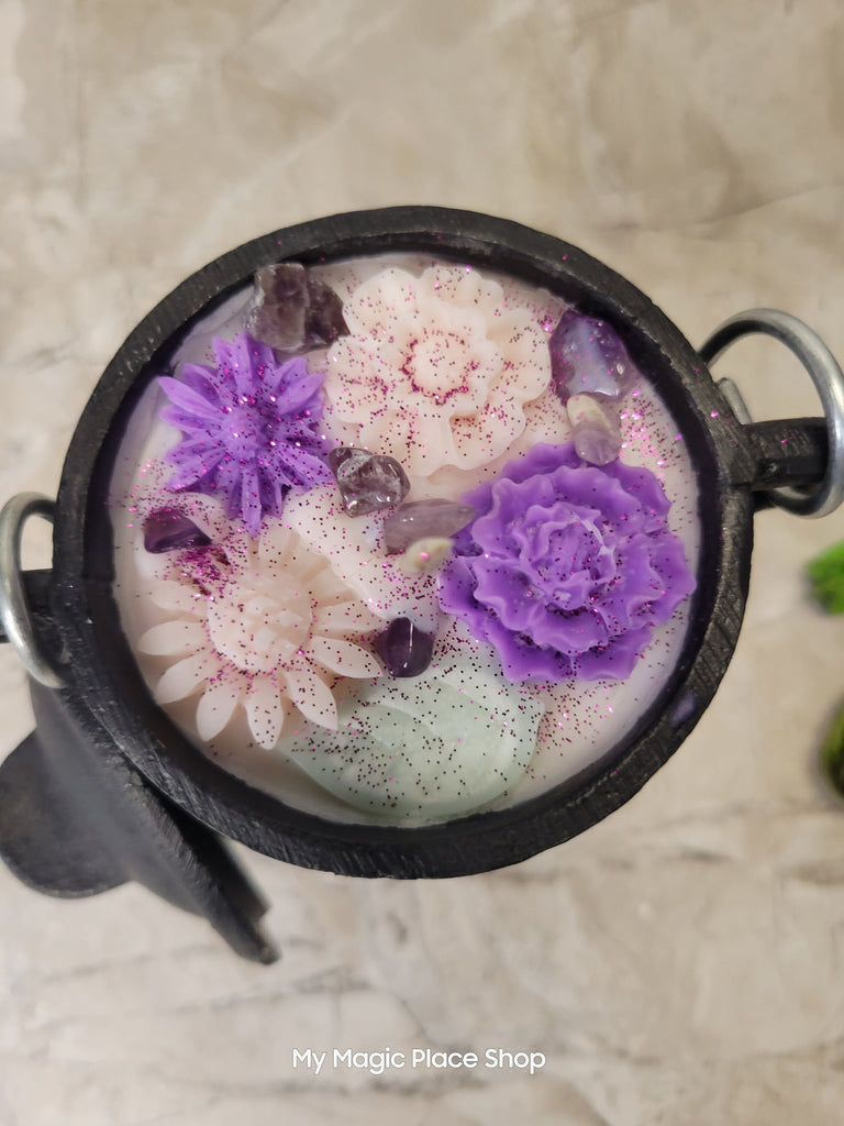 Ostara Cauldron with Flowers Soy candle, intention candle Sabbat Candle