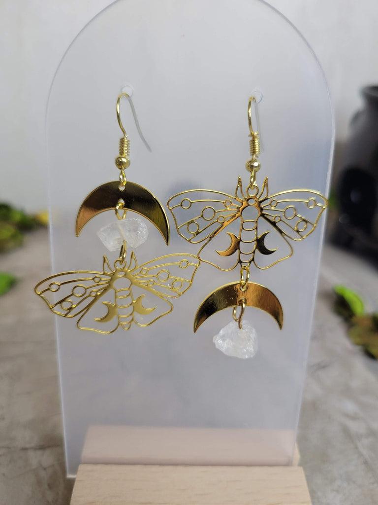 Clear Quartz Moon Moth Earrings, Moon Moth earrings, Witchy Vibes, Crystal Earrings