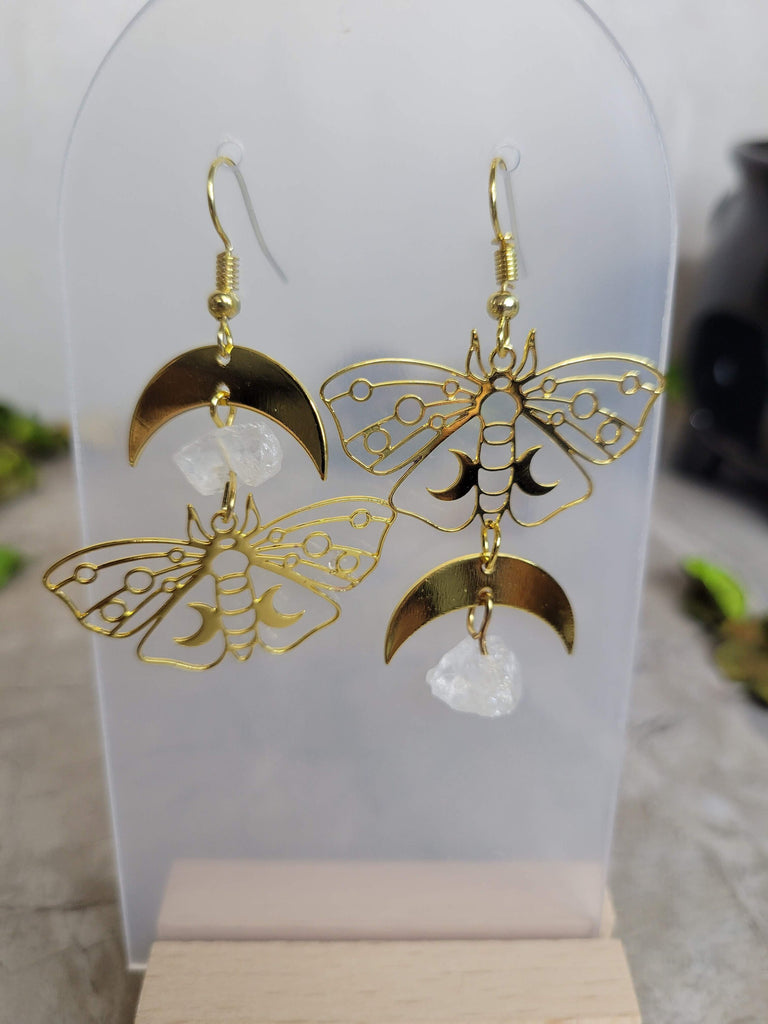 Clear Quartz Moon Moth Earrings, Moon Moth earrings, Witchy Vibes, Crystal Earrings
