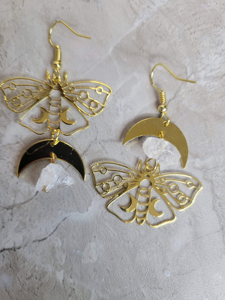 Clear Quartz Moon Moth Earrings, Moon Moth earrings, Witchy Vibes, Crystal Earrings