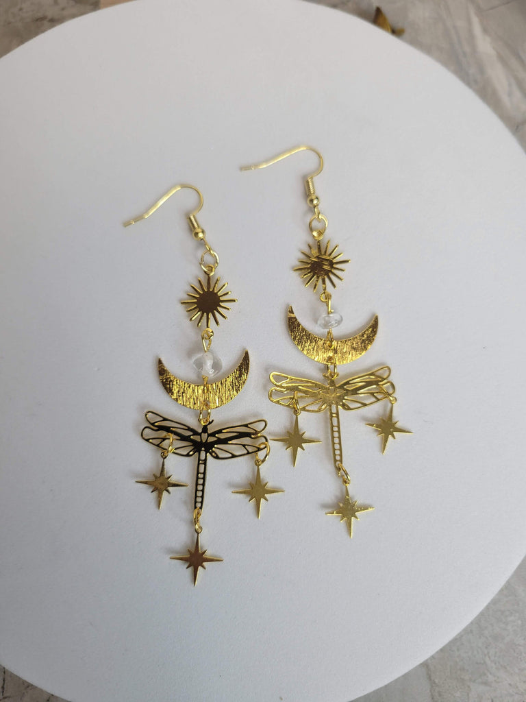Dragonfly Dangle Earrings, Moon Sun Star Long Drop Earrings for Women, Golden Gift for Her