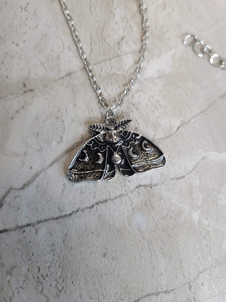 Moon Phase Moth Pendant Necklace, Gothic Jewelry, Antique Silver, Nature Lover Necklace