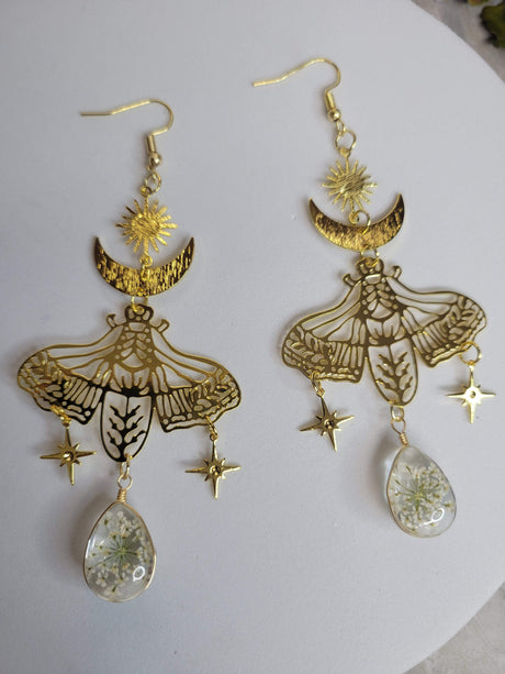 Moon Moth with Flower Pressed Stars Earrings, Celestial Earrings, Sun and Moon Moth earrings