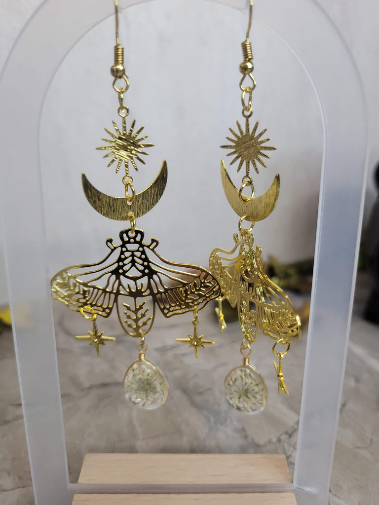 Moon Moth with Flower Pressed Stars Earrings, Celestial Earrings, Sun and Moon Moth earrings