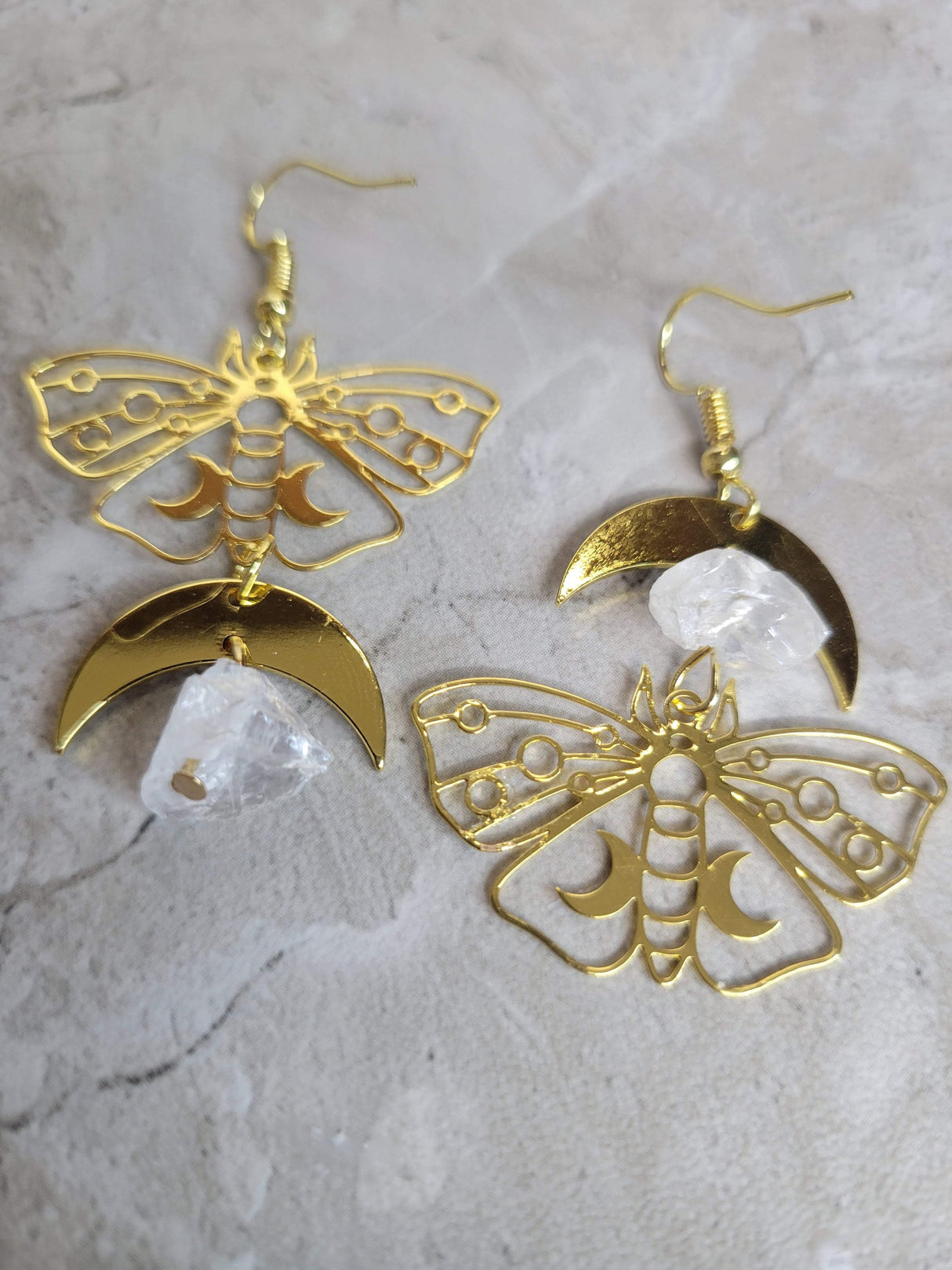 Clear Quartz Moon Moth Earrings, Moon Moth earrings, Witchy Vibes, Crystal Earrings