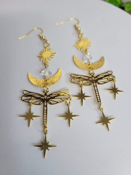Dragonfly Dangle Earrings, Moon Sun Star Long Drop Earrings for Women, Golden Gift for Her